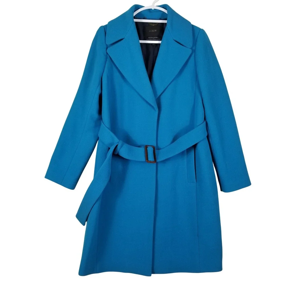 J.Crew Double Cloth Wool Belted Coat Blue Italian Fabric Women Size 8